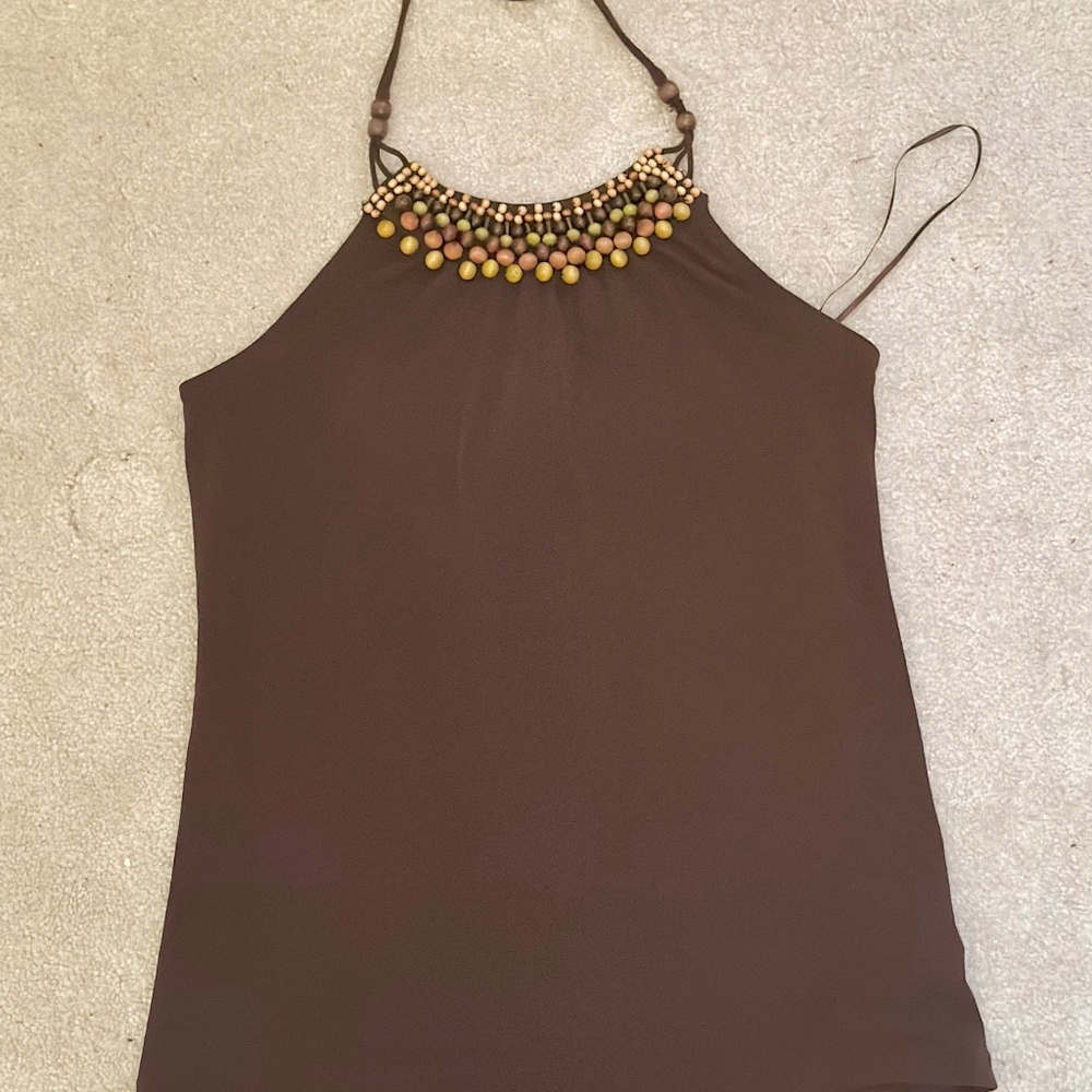 Outback Red Beaded Halter top. Polyester/Spandex blend, silky material w/stretch